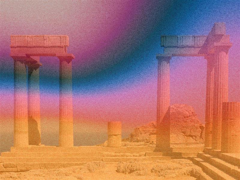 A crumbling ancient temple against a sea backdrop, with a colourful rainbow wash over the photo