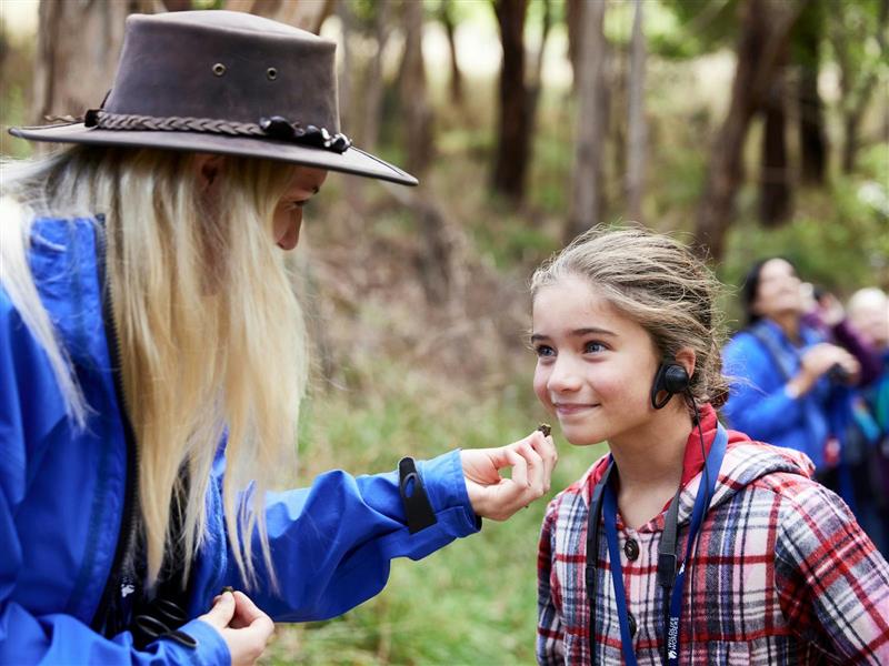 A tour guide showing something to a tour participant